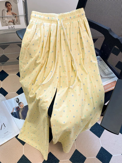 Korean style dopamine color polka dot casual wide-leg trousers for men and women summer loose small straight drape mopping trousers