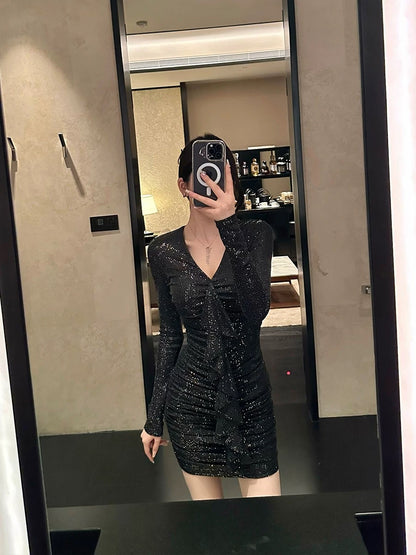 SX Shanxi shiny V-neck ribbon ruffled ruffle long-sleeved dress feminine slim sexy hip-hugging skirt
