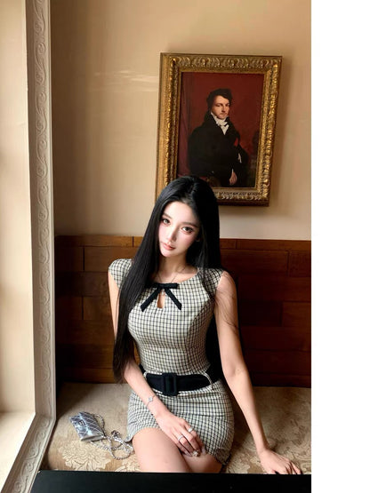 Barb Chill "Retro Heiress" Plaid Dress for Women, Summer Bodycon Skirt, Short Skirt, Waist-cinching Birthday Dress