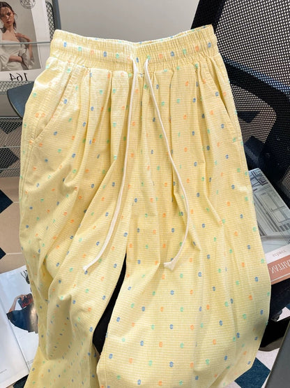 Korean style dopamine color polka dot casual wide-leg trousers for men and women summer loose small straight drape mopping trousers