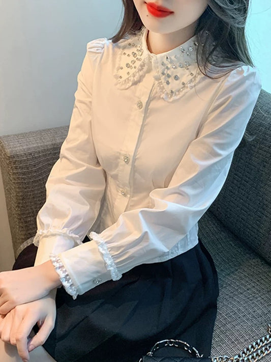 Temperament lapel long-sleeved chiffon shirt women's autumn wear 2025 autumn new women's shirt high-end short top