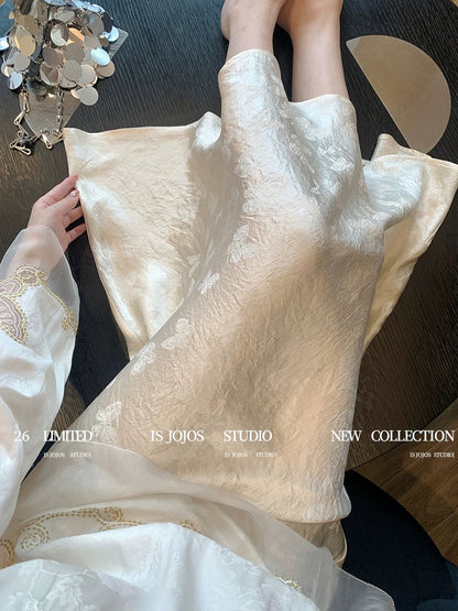 White New Chinese Style Butterfly Jacquard Satin Midi Skirt for Women, Springtime Gentle and Elegant French Acetate A-line Skirt