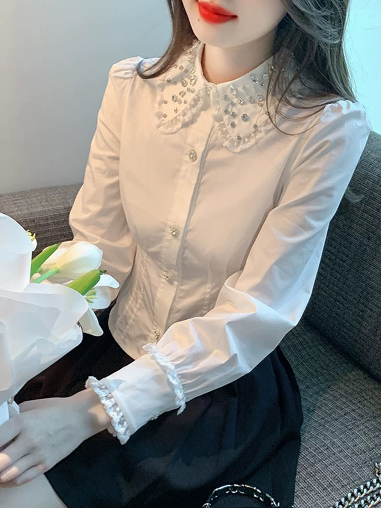Temperament lapel long-sleeved chiffon shirt women's autumn wear 2025 autumn new women's shirt high-end short top