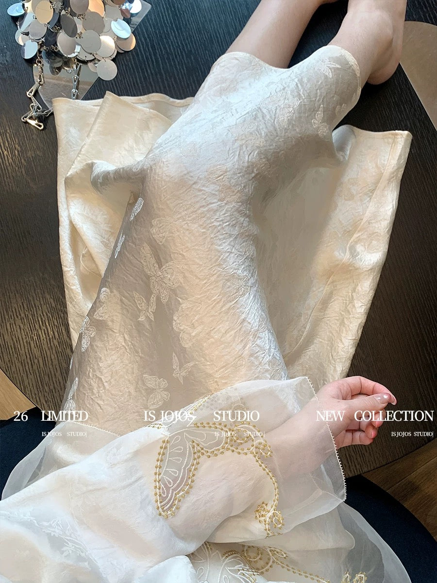 White New Chinese Style Butterfly Jacquard Satin Midi Skirt for Women, Springtime Gentle and Elegant French Acetate A-line Skirt