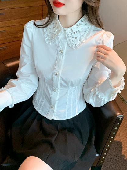 Temperament lapel long-sleeved chiffon shirt women's autumn wear 2025 autumn new women's shirt high-end short top