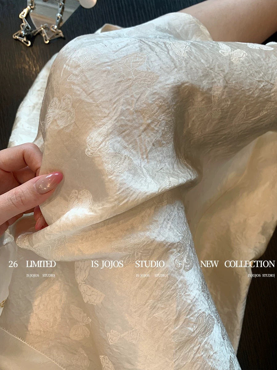 White New Chinese Style Butterfly Jacquard Satin Midi Skirt for Women, Springtime Gentle and Elegant French Acetate A-line Skirt