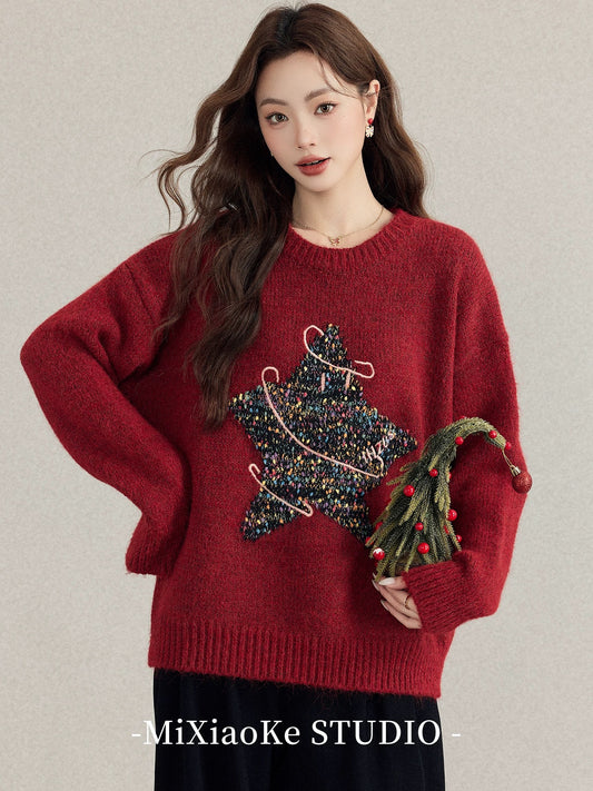 Mi Xiaoke's Christmas outfit: a relaxed-style red knit sweater, a new autumn/winter style for women in 2025, super cute top.
