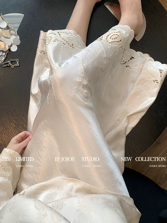 White New Chinese Style Hollow-Out Embroidered Satin Midi Skirt for Women, Early Spring New Arrival, Gentle Retro Temperament, Flowing A-line Skirt