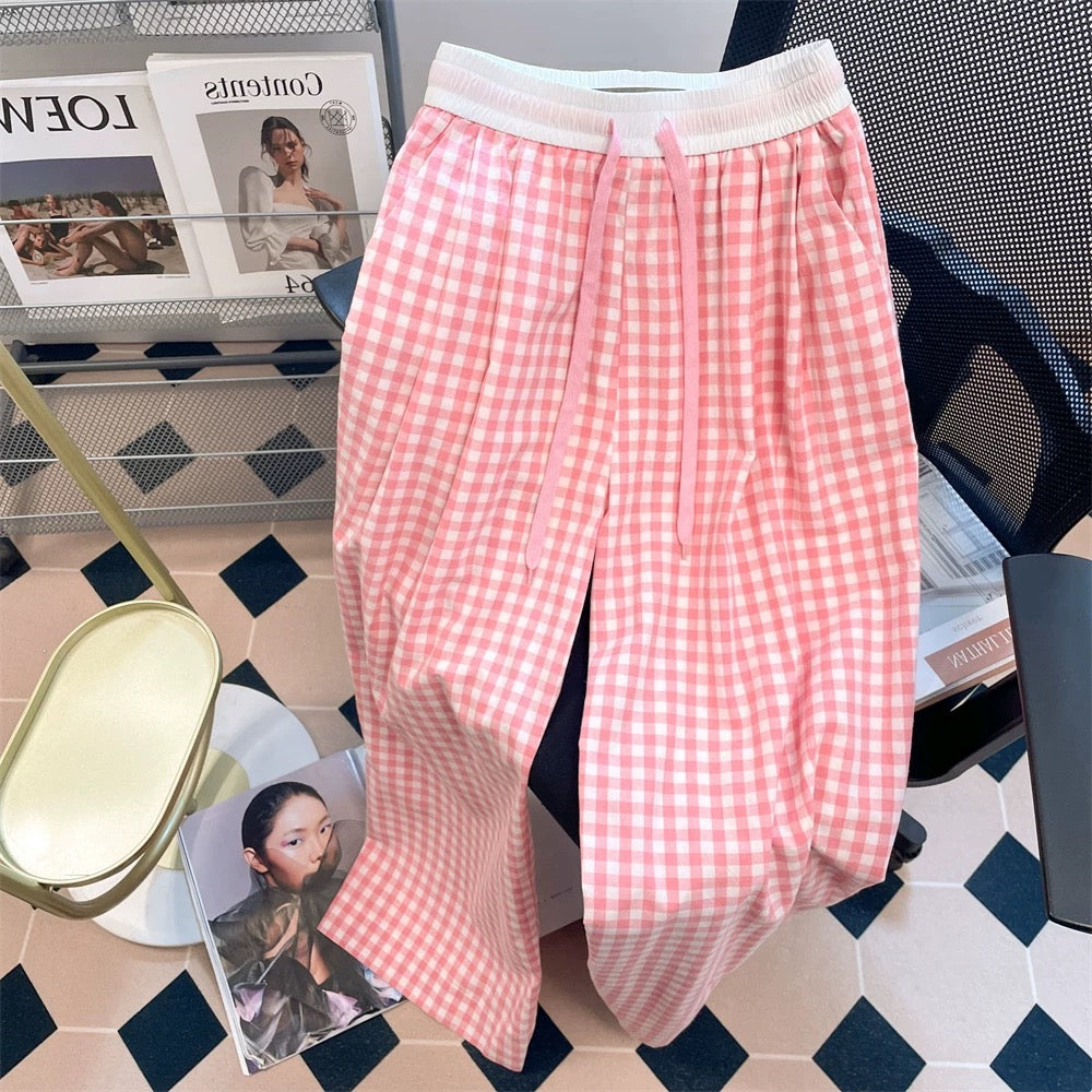 Spring dopamine outfit pink plaid wide-leg trousers men and women summer 2025 new small casual mopping trousers