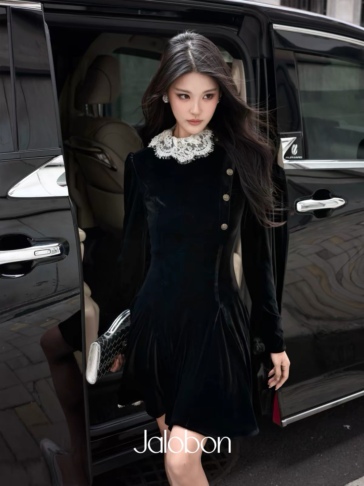 Jalobon Lace-Trimmed Matte Velvet Fit-and-Flare Mini Black Dress with Faux Placket and Metal Buttons