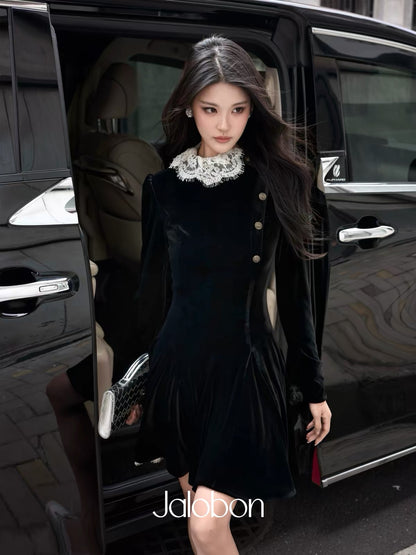 Jalobon Lace-Trimmed Matte Velvet Fit-and-Flare Mini Black Dress with Faux Placket and Metal Buttons