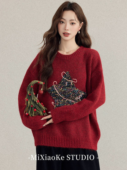 Mi Xiaoke's Christmas outfit: a relaxed-style red knit sweater, a new autumn/winter style for women in 2025, super cute top.
