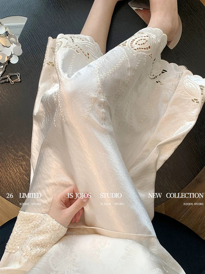 White New Chinese Style Hollow-Out Embroidered Satin Midi Skirt for Women, Early Spring New Arrival, Gentle Retro Temperament, Flowing A-line Skirt