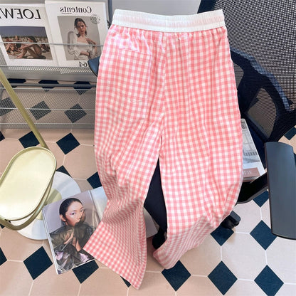 Spring dopamine outfit pink plaid wide-leg trousers men and women summer 2025 new small casual mopping trousers