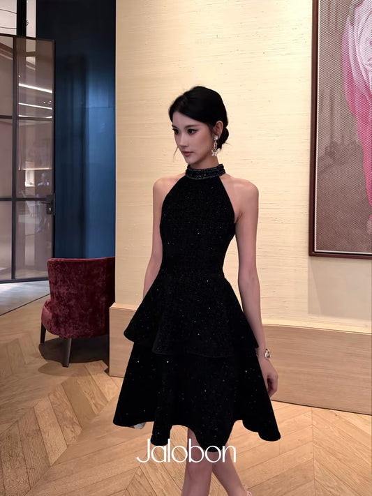 Jalobon Textured Shimmer Tweed | Double-Layer Ruffled Sequin-Trim Halter-Style Evening Dress
