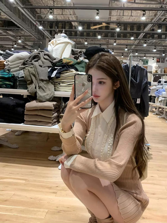 JMSHOP New York Yigao knitted dress women's inner skirt fake two-piece spliced shirt collar skirt pleated skirt