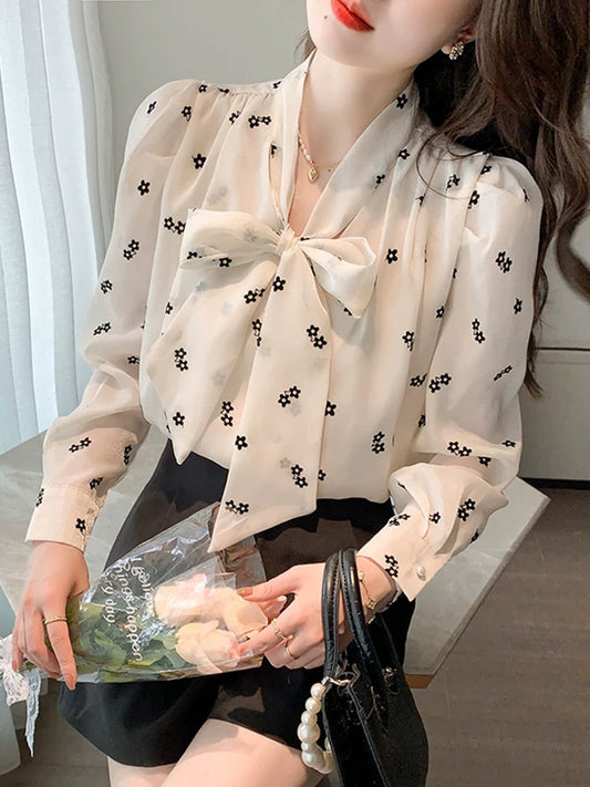 French bow long-sleeved chiffon shirt women's autumn wear 2025 autumn new fashion blouse fashionable and stylish tops