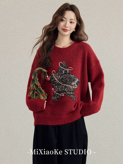 Mi Xiaoke's Christmas outfit: a relaxed-style red knit sweater, a new autumn/winter style for women in 2025, super cute top.