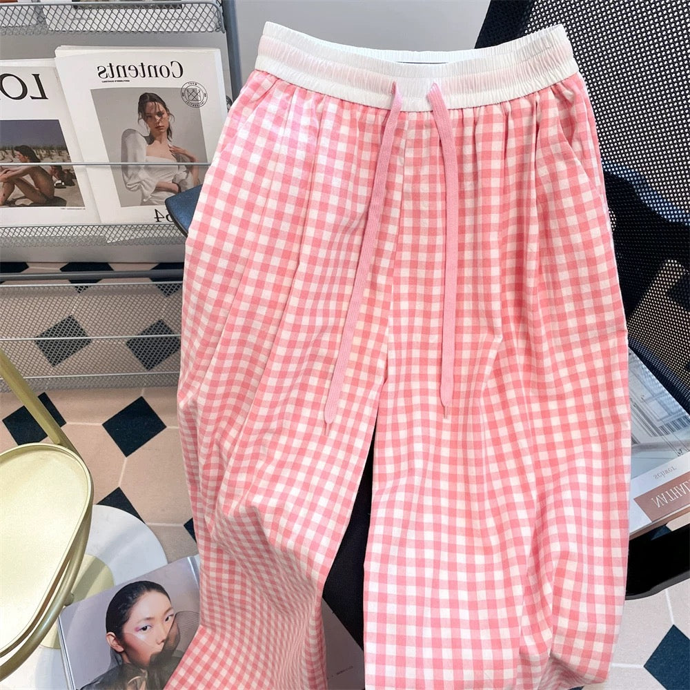 Spring dopamine outfit pink plaid wide-leg trousers men and women summer 2025 new small casual mopping trousers