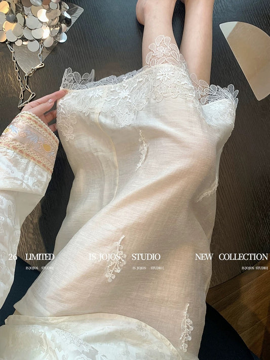 White New Chinese Style Embroidered Lace Trim A-line Skirt for Women, 2026 New Style, Gentle and Elegant French Straight Long Skirt