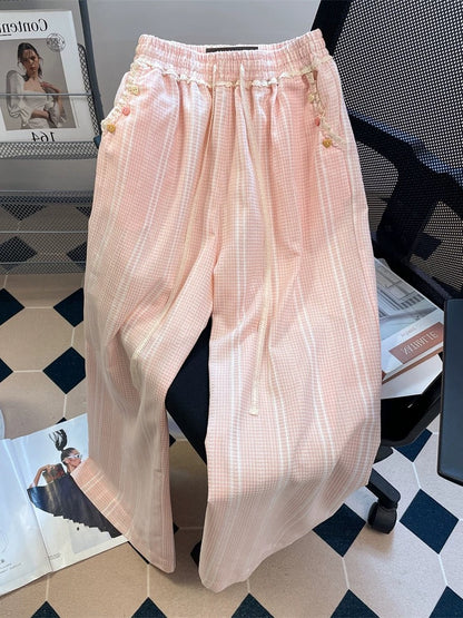 Korean style dopamine striped plaid lace casual pants men and women summer small straight wide-leg drape trousers