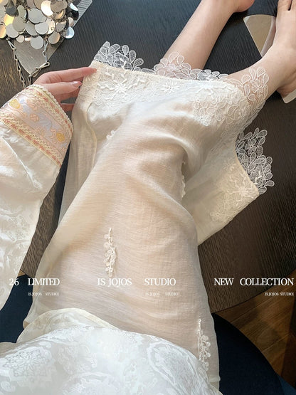 White New Chinese Style Embroidered Lace Trim A-line Skirt for Women, 2026 New Style, Gentle and Elegant French Straight Long Skirt