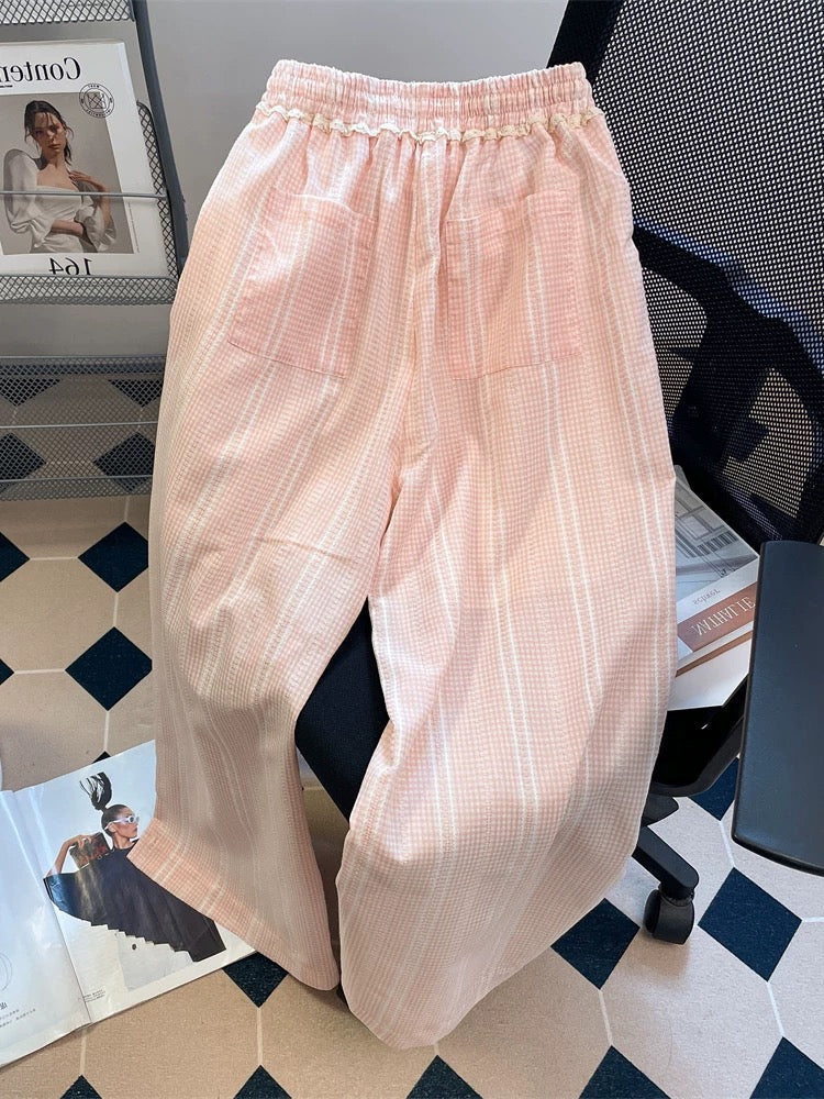 Korean style dopamine striped plaid lace casual pants men and women summer small straight wide-leg drape trousers