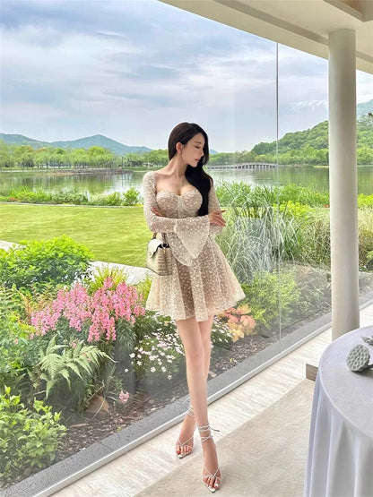 Birthday party dress French retro heavy industry lace embroidery dress women's light luxury high-end bell sleeves