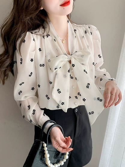 French bow long-sleeved chiffon shirt women's autumn wear 2025 autumn new fashion blouse fashionable and stylish tops