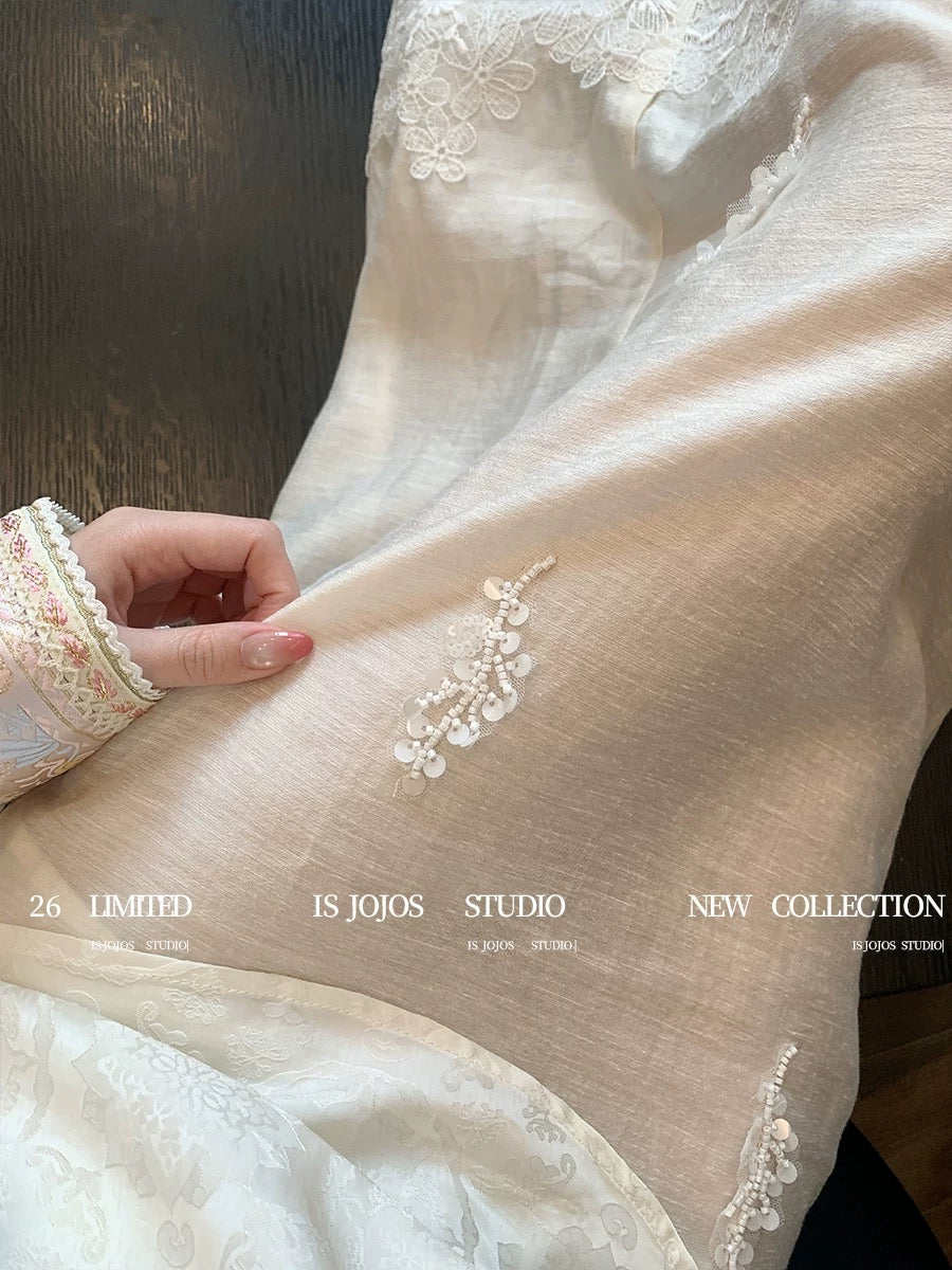 White New Chinese Style Embroidered Lace Trim A-line Skirt for Women, 2026 New Style, Gentle and Elegant French Straight Long Skirt