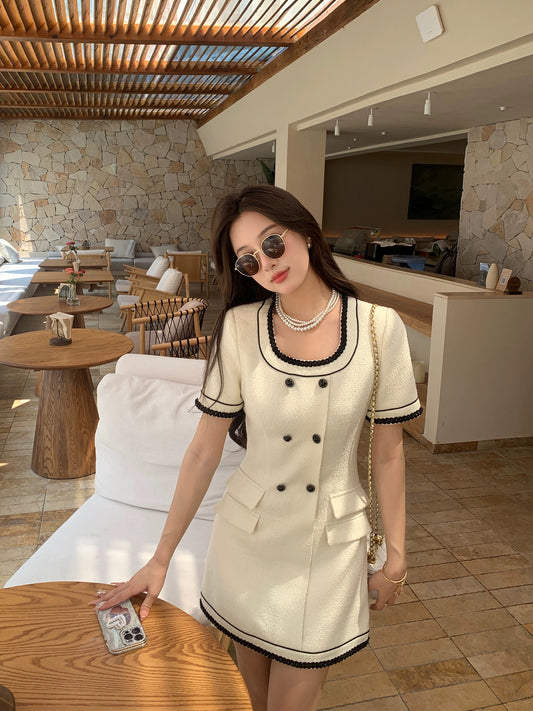 Xiajia light luxury French lady style waist-cinching double-breasted square collar small fragrant dress for women in summer for small people