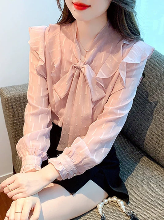 Gentle style bow long-sleeved chiffon shirt women's autumn clothing 2025 autumn new design sense of Western style beautiful small shirt