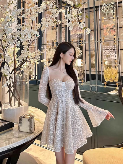 Birthday party dress French retro heavy industry lace embroidery dress women's light luxury high-end bell sleeves
