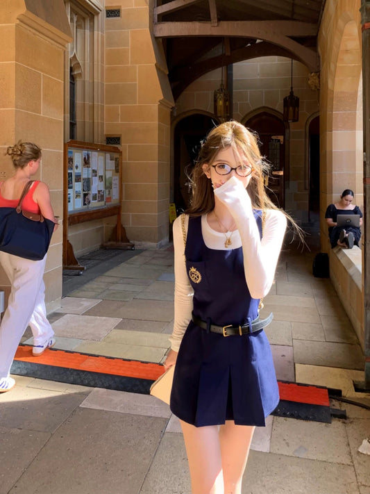 JMSHOP Heart Attack College style navy vest pleated dress white round neck slightly see-through inner suit