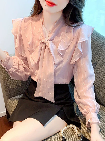 Gentle style bow long-sleeved chiffon shirt women's autumn clothing 2025 autumn new design sense of Western style beautiful small shirt
