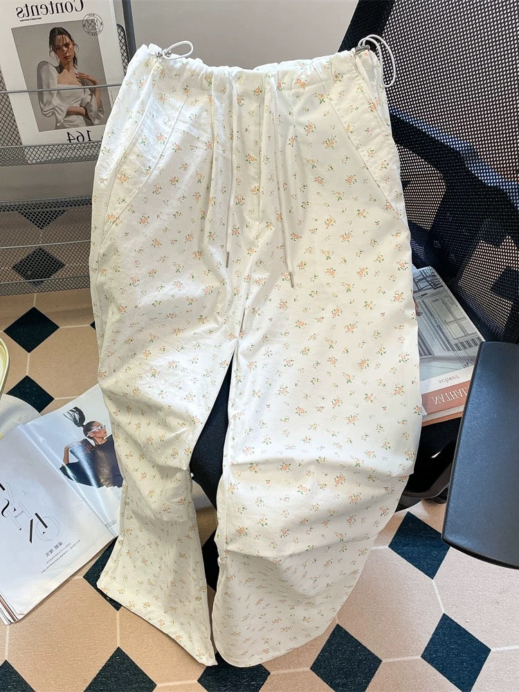 American retro vibe floral straight quick-drying paratrooper pants for men and women summer casual small wide-leg workwear trousers