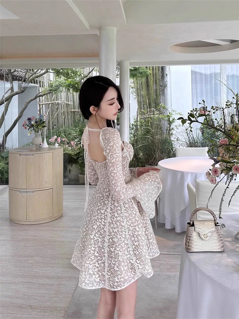 Birthday party dress French retro heavy industry lace embroidery dress women's light luxury high-end bell sleeves