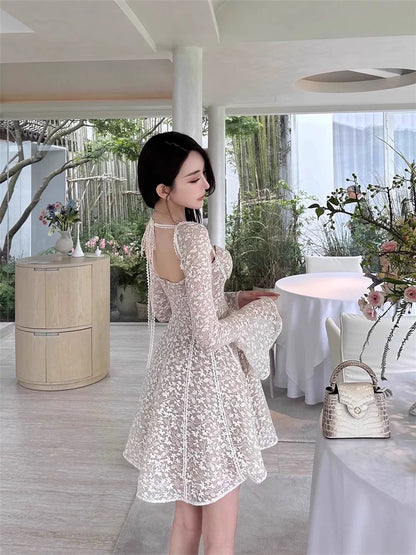 Birthday party dress French retro heavy industry lace embroidery dress women's light luxury high-end bell sleeves