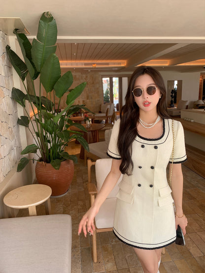 Xiajia light luxury French lady style waist-cinching double-breasted square collar small fragrant dress for women in summer for small people