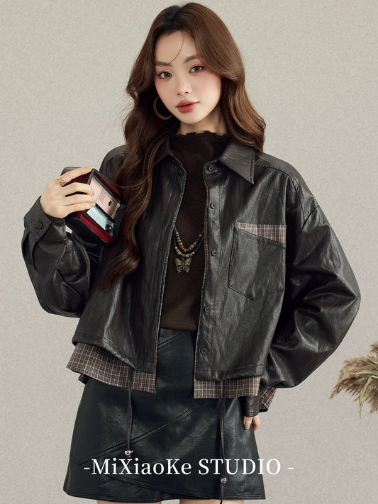 Mi Xiaoke's plaid faux two-piece short leather jacket, a super cute early winter coat for autumn and winter 2025.