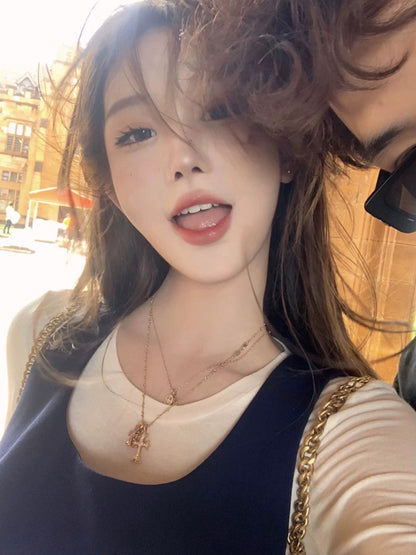 JMSHOP Heart Attack College style navy vest pleated dress white round neck slightly see-through inner suit
