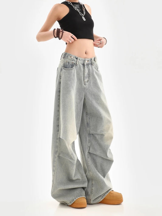 Niche design pleated wide-leg jeans for women in autumn, washed and distressed, loose, drapey, straight-leg floor-length mopping pants, trendy