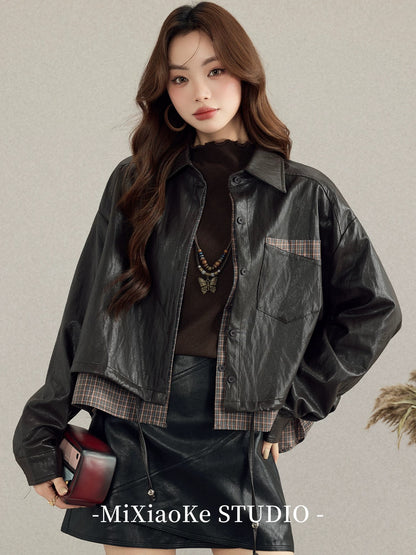 Mi Xiaoke's plaid faux two-piece short leather jacket, a super cute early winter coat for autumn and winter 2025.