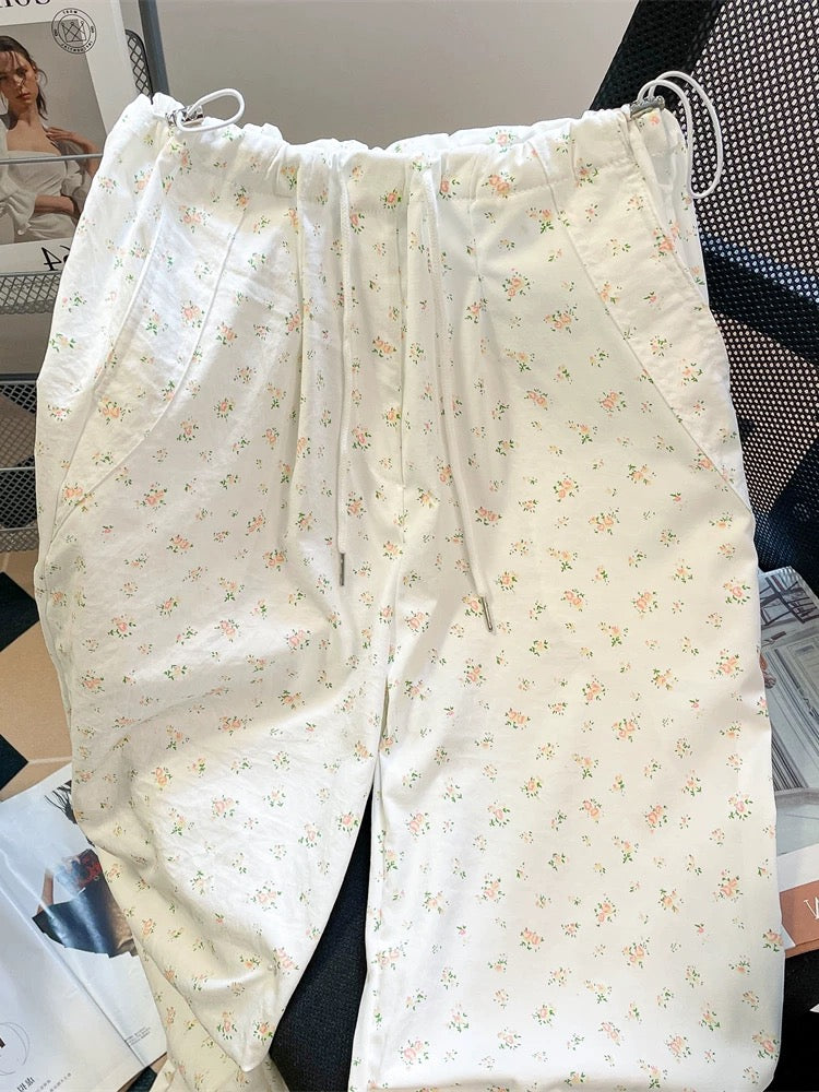 American retro vibe floral straight quick-drying paratrooper pants for men and women summer casual small wide-leg workwear trousers
