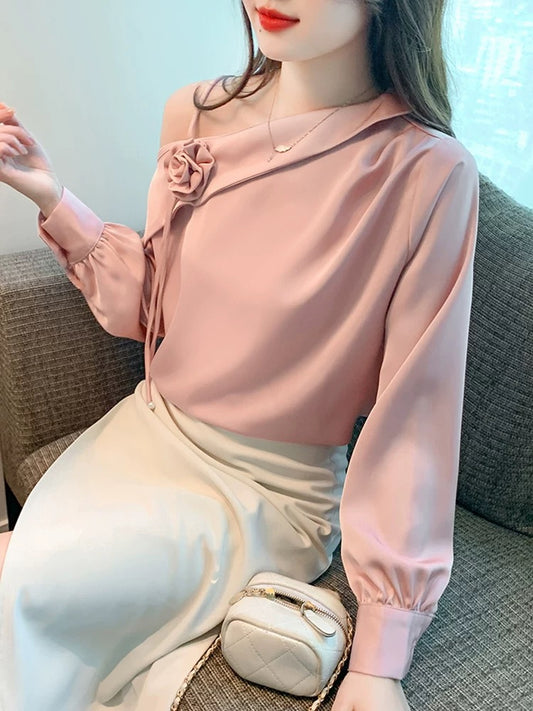 Fashion off-the-shoulder oblique collar long-sleeved chiffon shirt women's spring 2025 autumn new style temperament design satin shirt