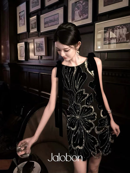 In Stock] Jalobon Flocked Bead-Tube & Sequin Embellished Gown | Vintage-Inspired, Heavily Embellished Velvet Dress with Spliced Ribbon Details and a Cinched Waist