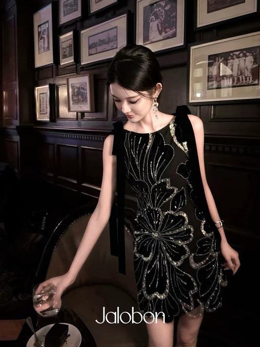 In Stock] Jalobon Flocked Bead-Tube & Sequin Embellished Gown | Vintage-Inspired, Heavily Embellished Velvet Dress with Spliced Ribbon Details and a Cinched Waist