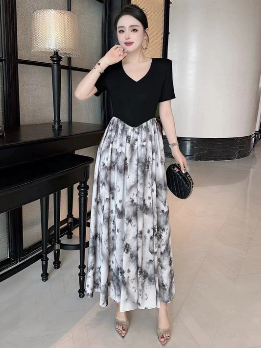ZEROYK summer new Chinese style Chinese style ink painting rendering printed V-neck short-sleeved splicing slim slim dress