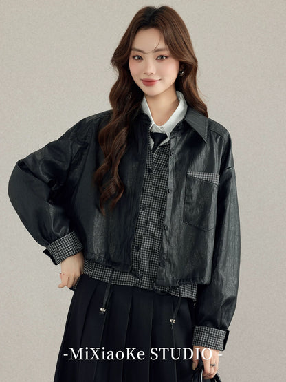 Mi Xiaoke's plaid faux two-piece short leather jacket, a super cute early winter coat for autumn and winter 2025.