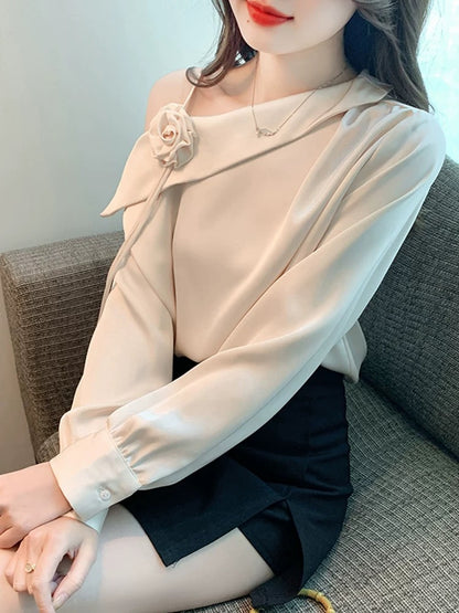 Fashion off-the-shoulder oblique collar long-sleeved chiffon shirt women's spring 2025 autumn new style temperament design satin shirt